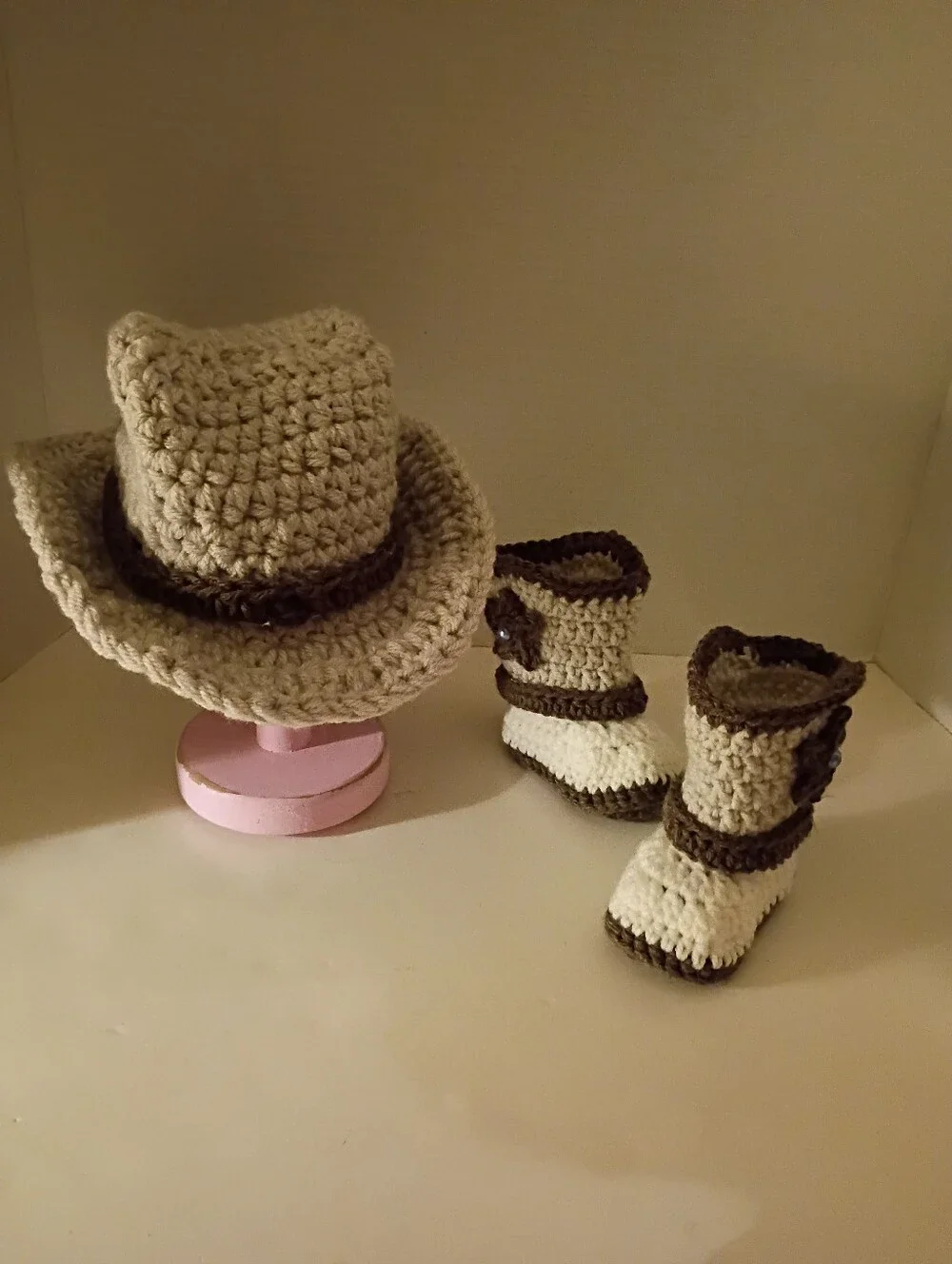 Handmade Crochet Baby Boy Cowboy Hat and Booties Set 0-3 Months